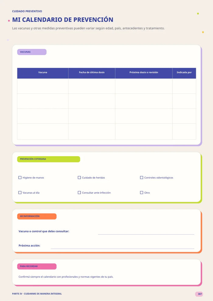 Página del workbook: Mi calendario de prevención